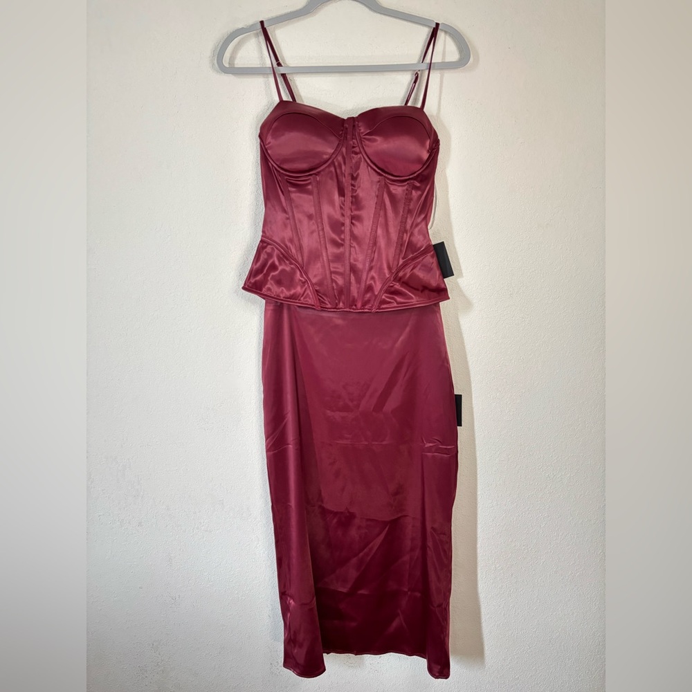 Lulus - Alluring Duo Wine Red Satin Bustier Two-Piece Midi Dress in Size M
